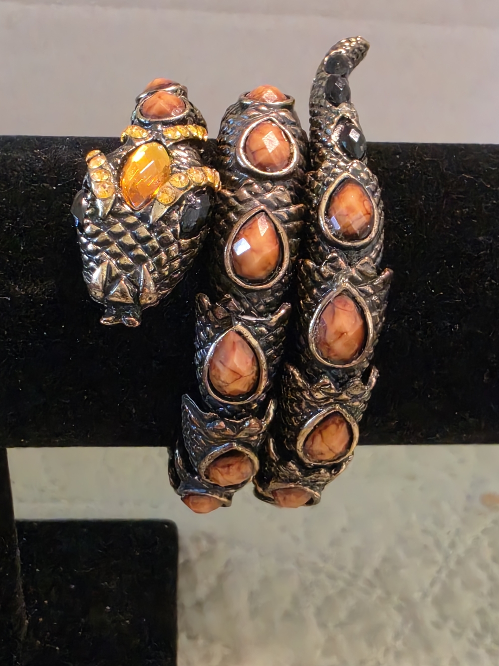 Bracelet - Black Snake Coil Bracelet with Orange Gem Accents